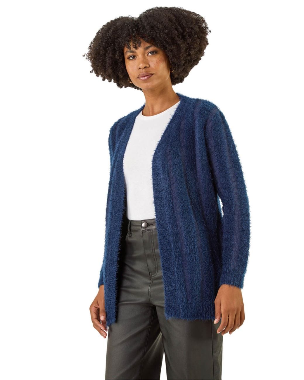 Roman Blue Fluffy Textured Knit Longline Cardigan