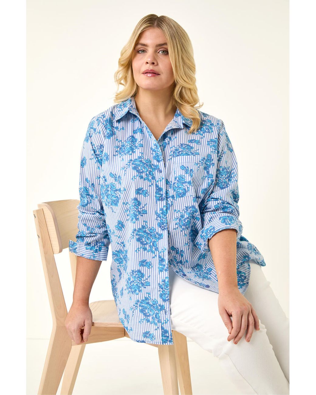 Roman Blue Curve Stripe Floral Print Blouse