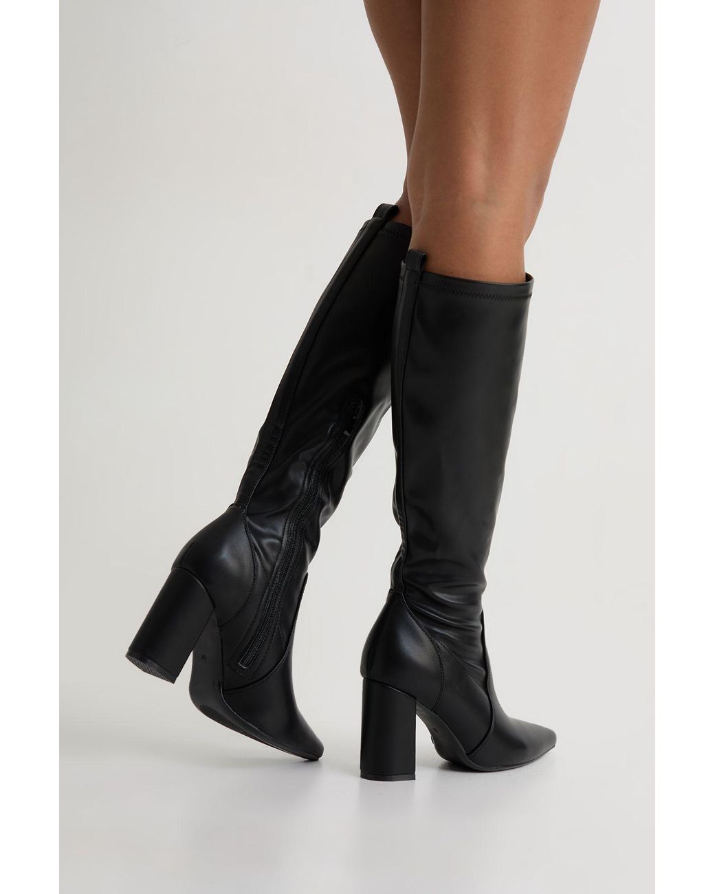 Boohoo Black Block Heel Pointed Knee High Boots