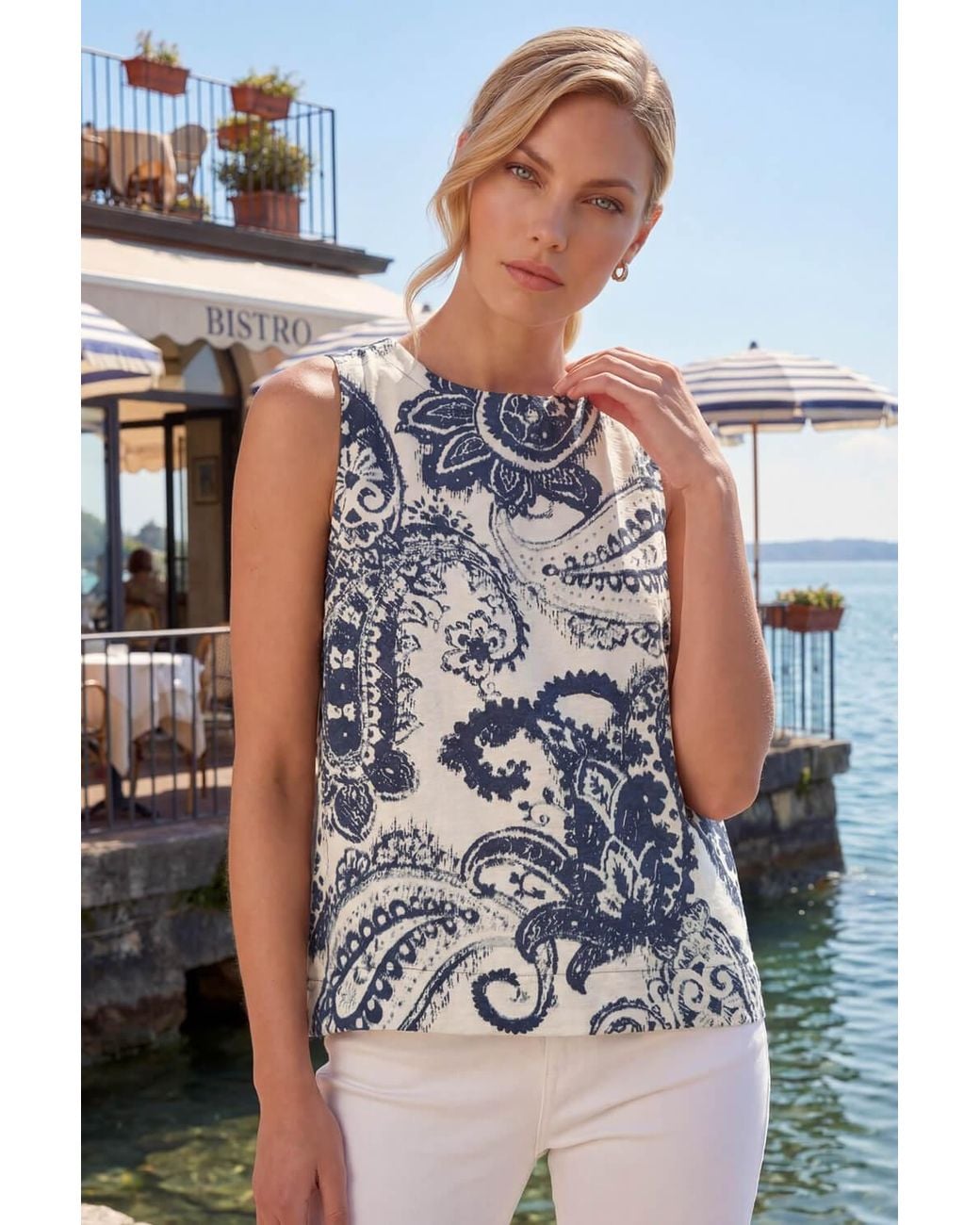Roman Blue Paisley Print Shell Top