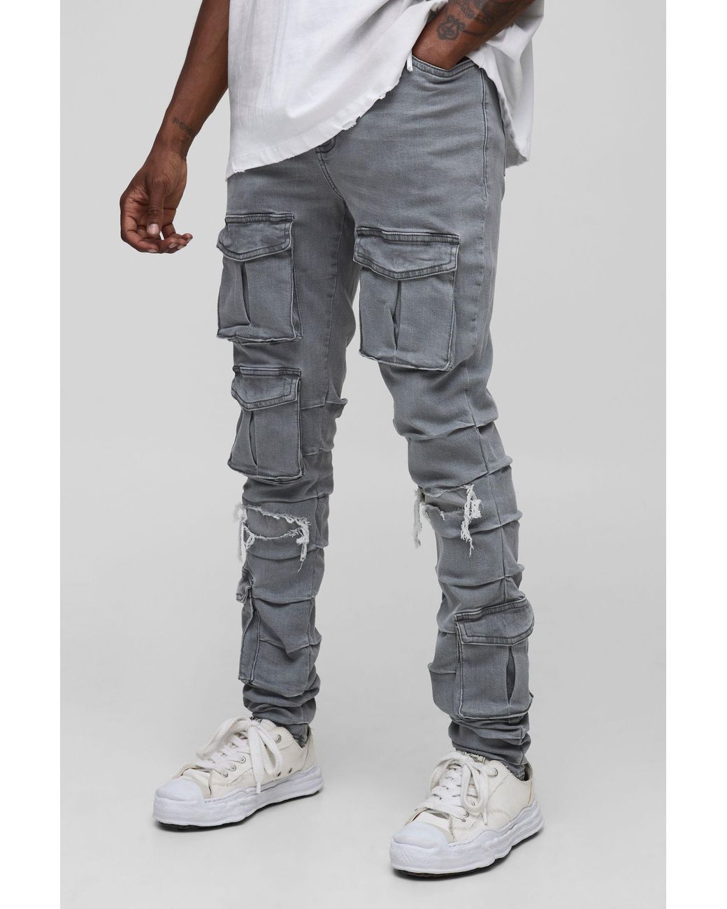BoohooMAN Gray Tall Ruched Rip & Repair Ice Wash Cargo Skinny Jeans for men