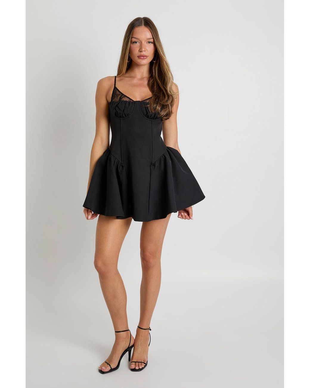 Boohoo Black Structured Lace Detail Mini Skater Dress
