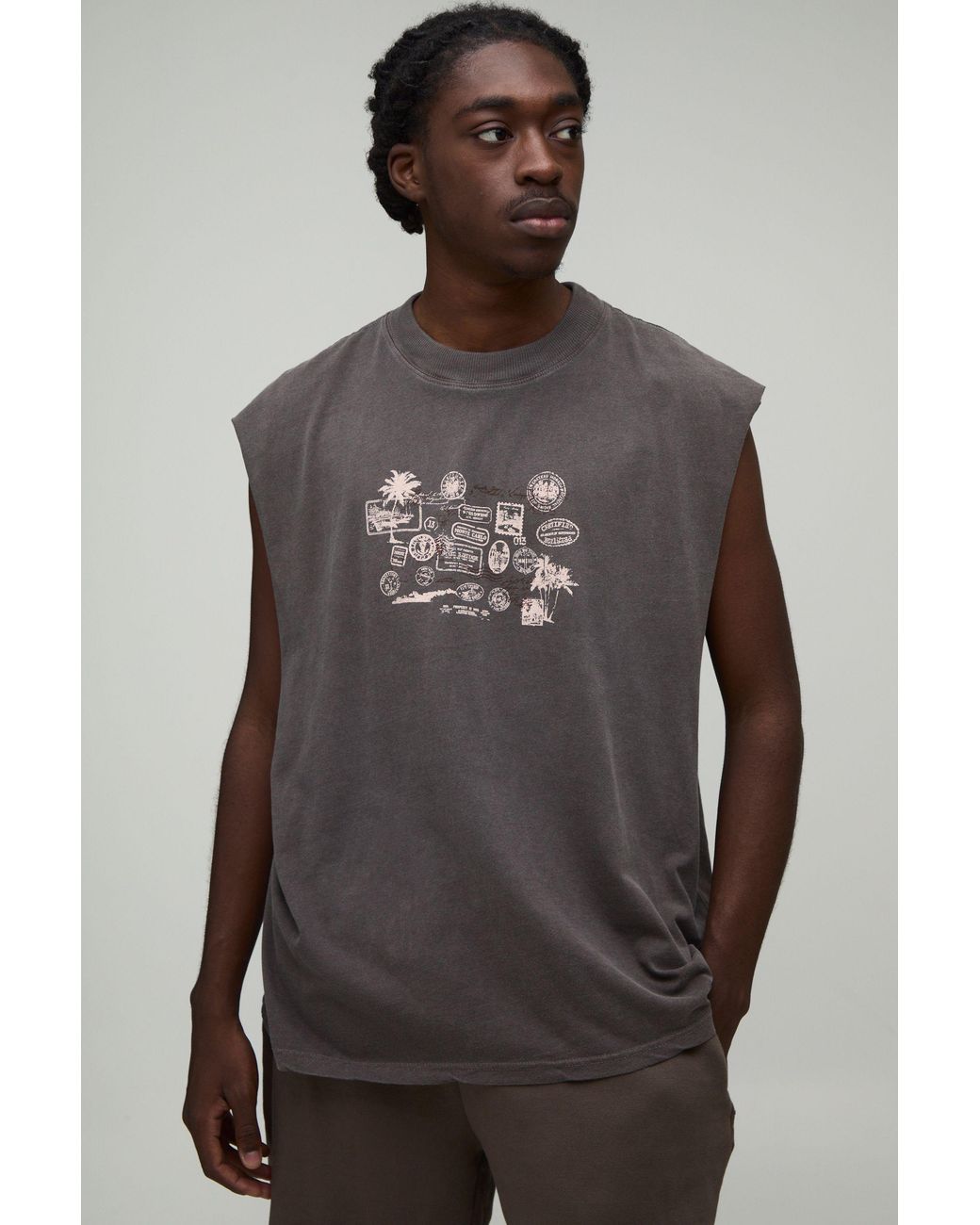 BoohooMAN Gray Washed Oversized Postcard Print Tank Cotton for men