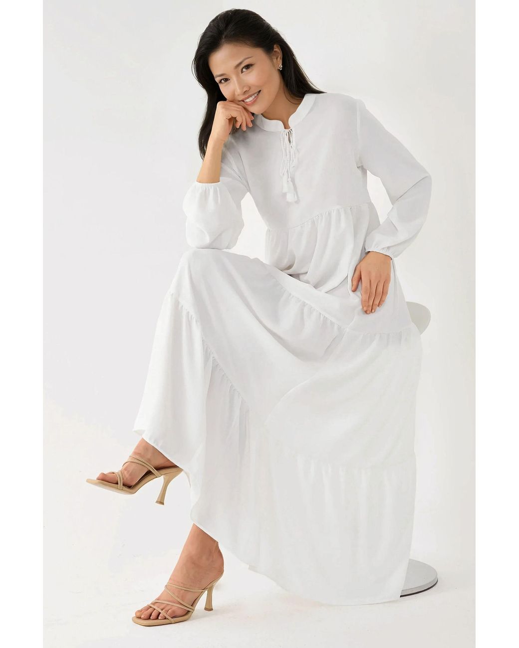 Hiccup White Textured Crew Neck Maxi Dress With Buttons