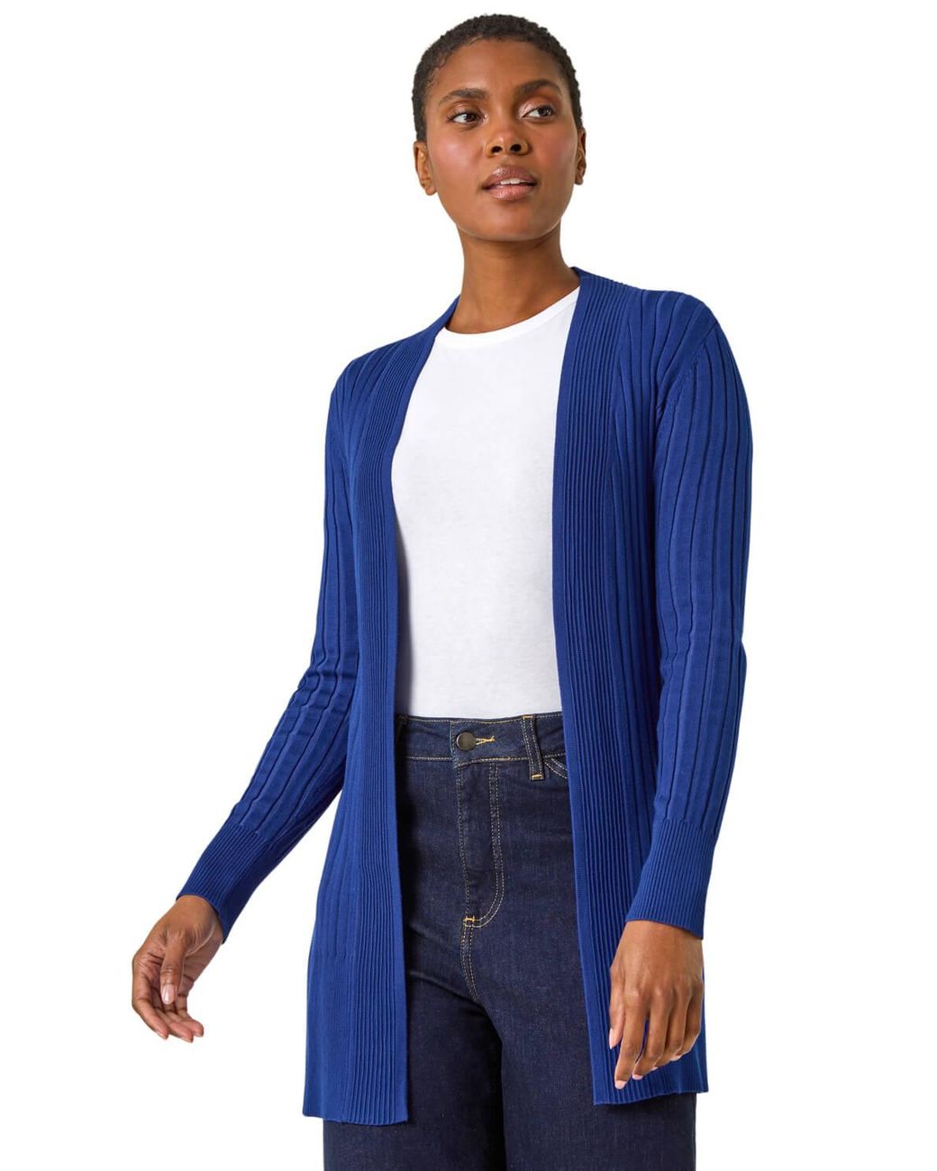 Roman Blue Longline Stretch Ribbed Cardigan