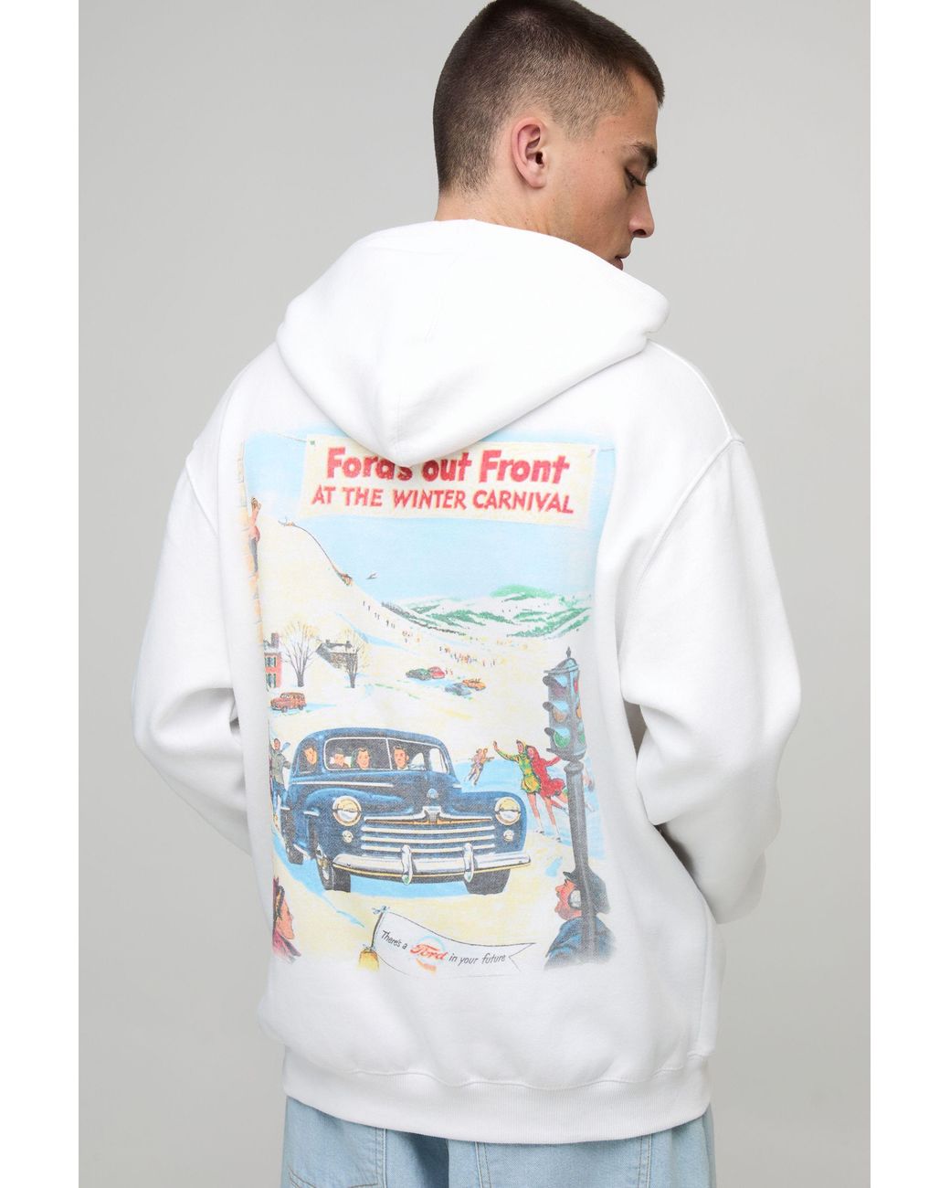BoohooMAN White Oversized Ford Winter Carnival License Printed Hoodie Cotton for men