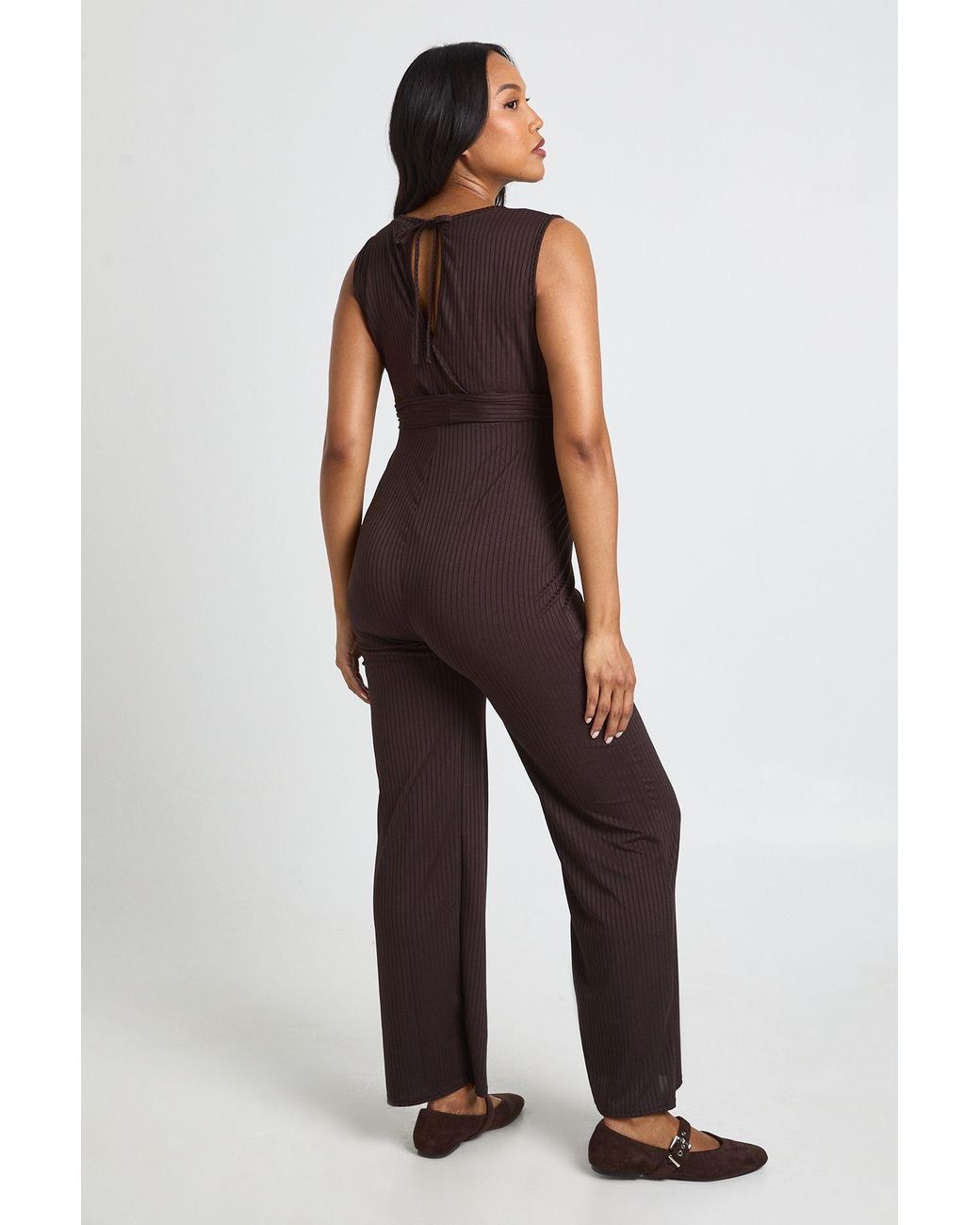 Boohoo Brown Maternity Rib Belted Sleeveless Lounge Jumpsuit