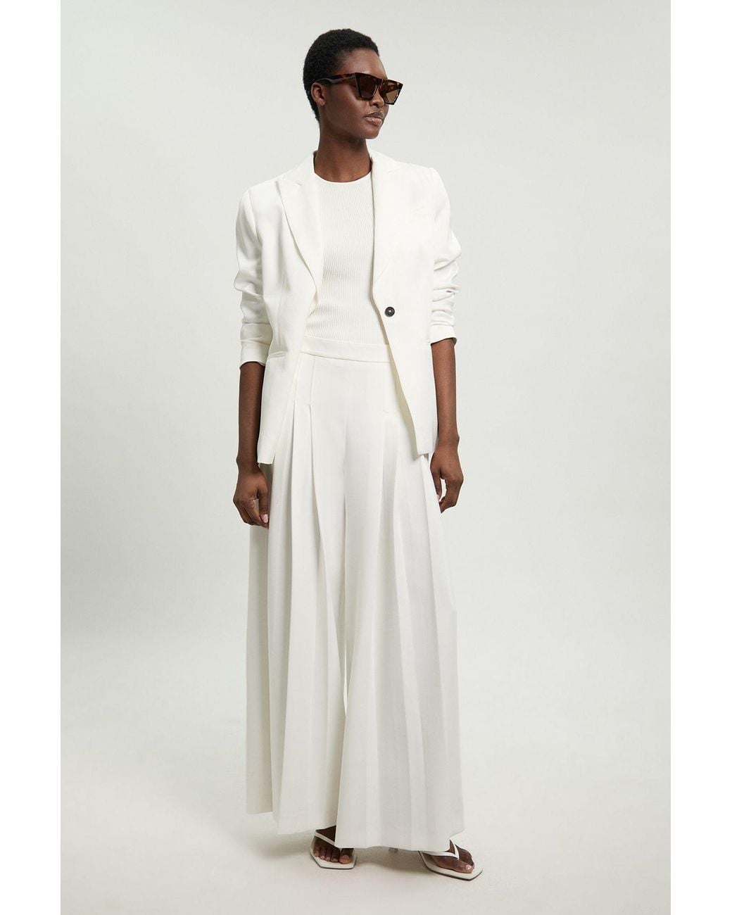 Karen Millen White Tailored Structured Crepe Pleated Wide Leg Trousers