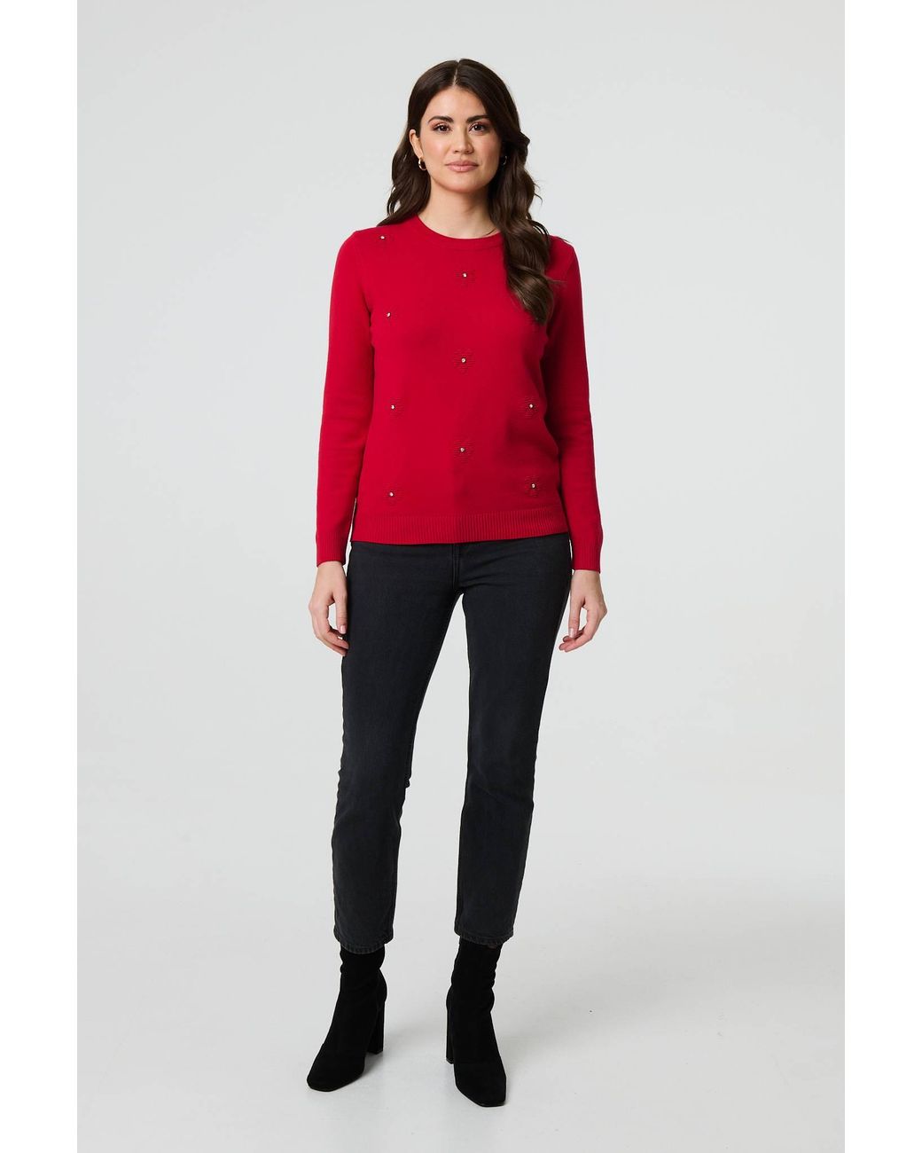 Izabel London Red Floral Gemstone Embellished Jumper