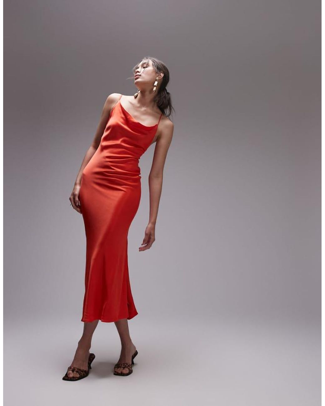 TOPSHOP Cowl Neck Scoop Back Midi Dress in Red Lyst UK