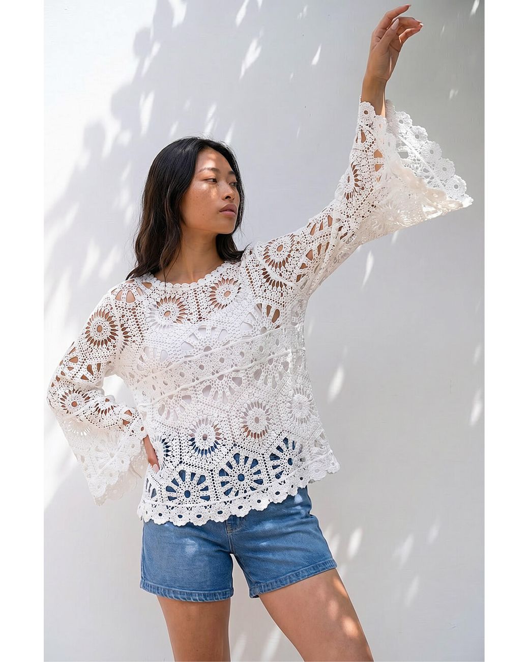 Roman Blue Petite Crochet Flare Sleeve Top