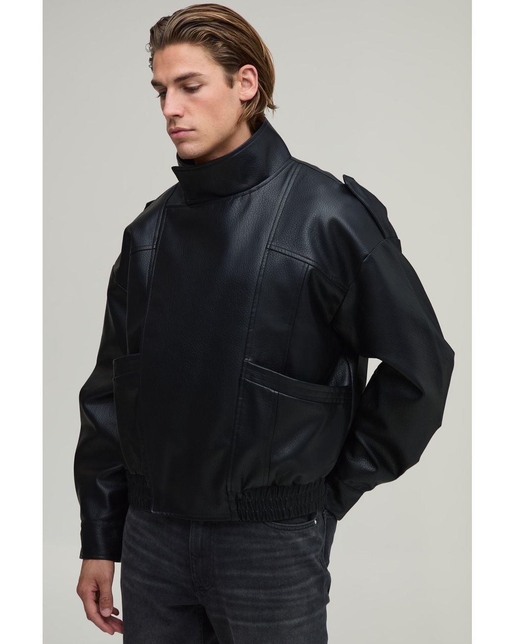BoohooMAN Blue Boxy Fit Pu Funnel Biker Jacket for men