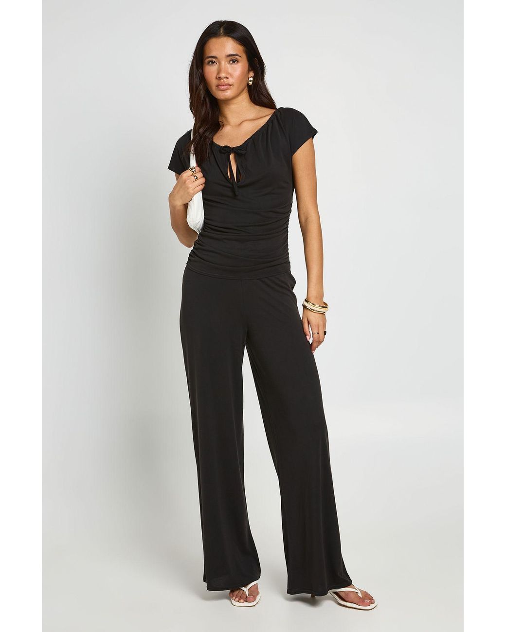 Boohoo Black Modal Tie Keyhole Top Wide Leg Trouser Co Ord