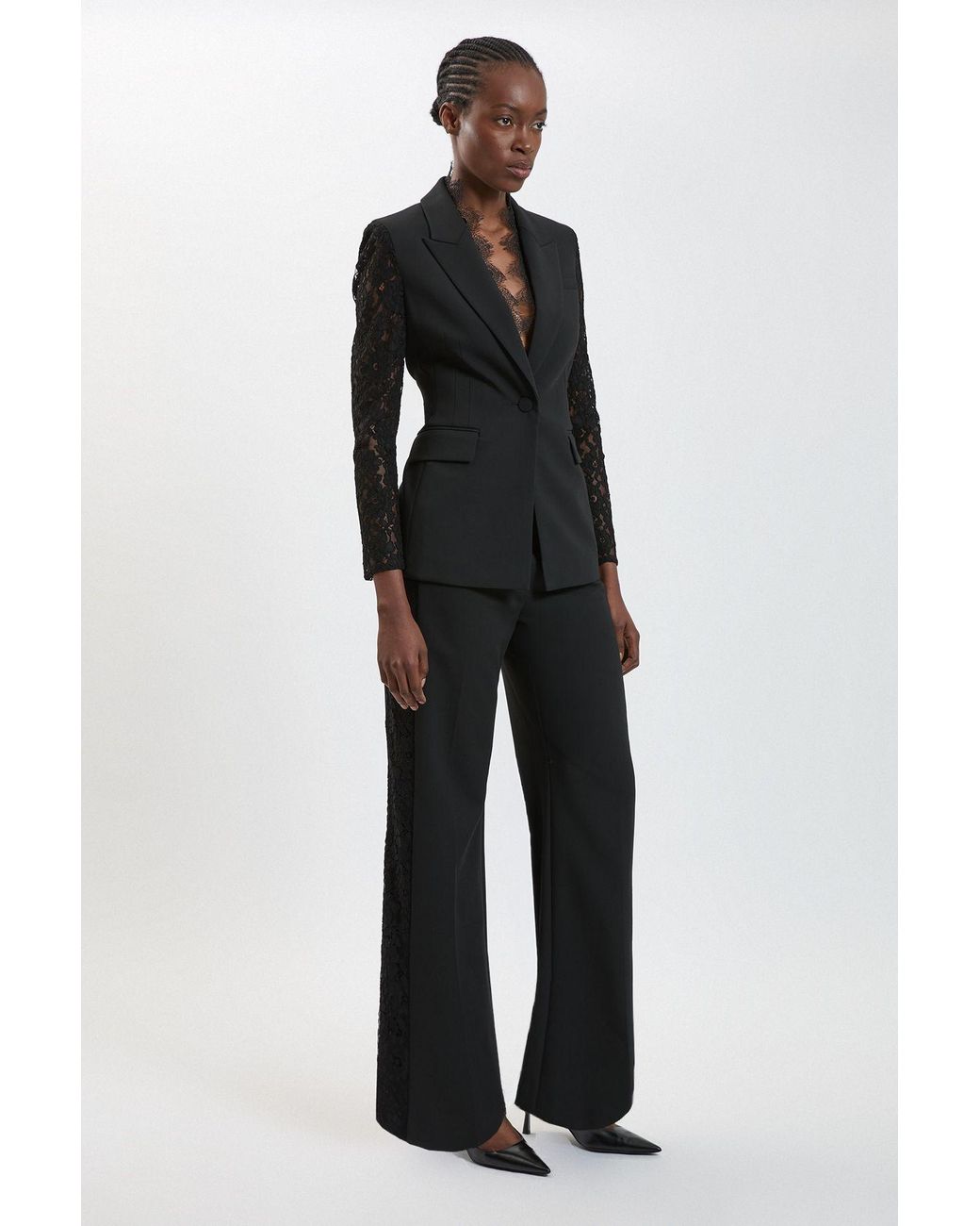 Karen Millen Black Compact Stretch Lace Mix Tailored Wide Leg Trouser