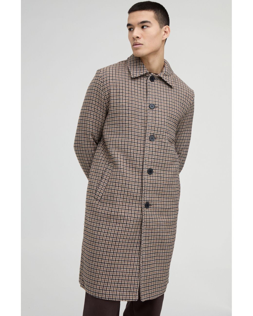 BoohooMAN Brown Plaid Collared Overcoat for men