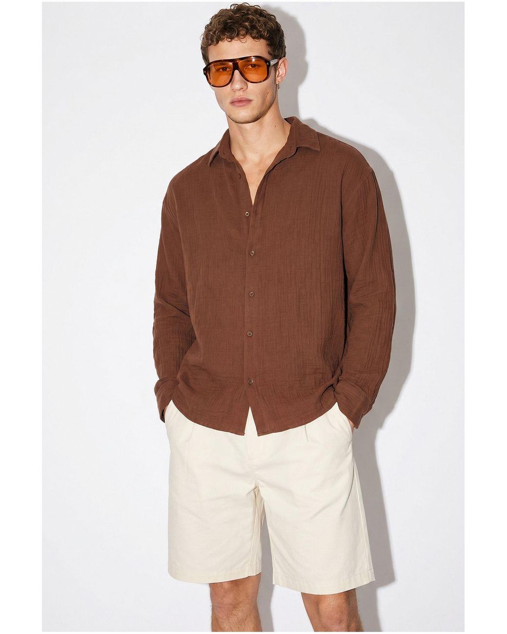 Bianco Lucci Brown Oversized Textured Button-Front Shirt