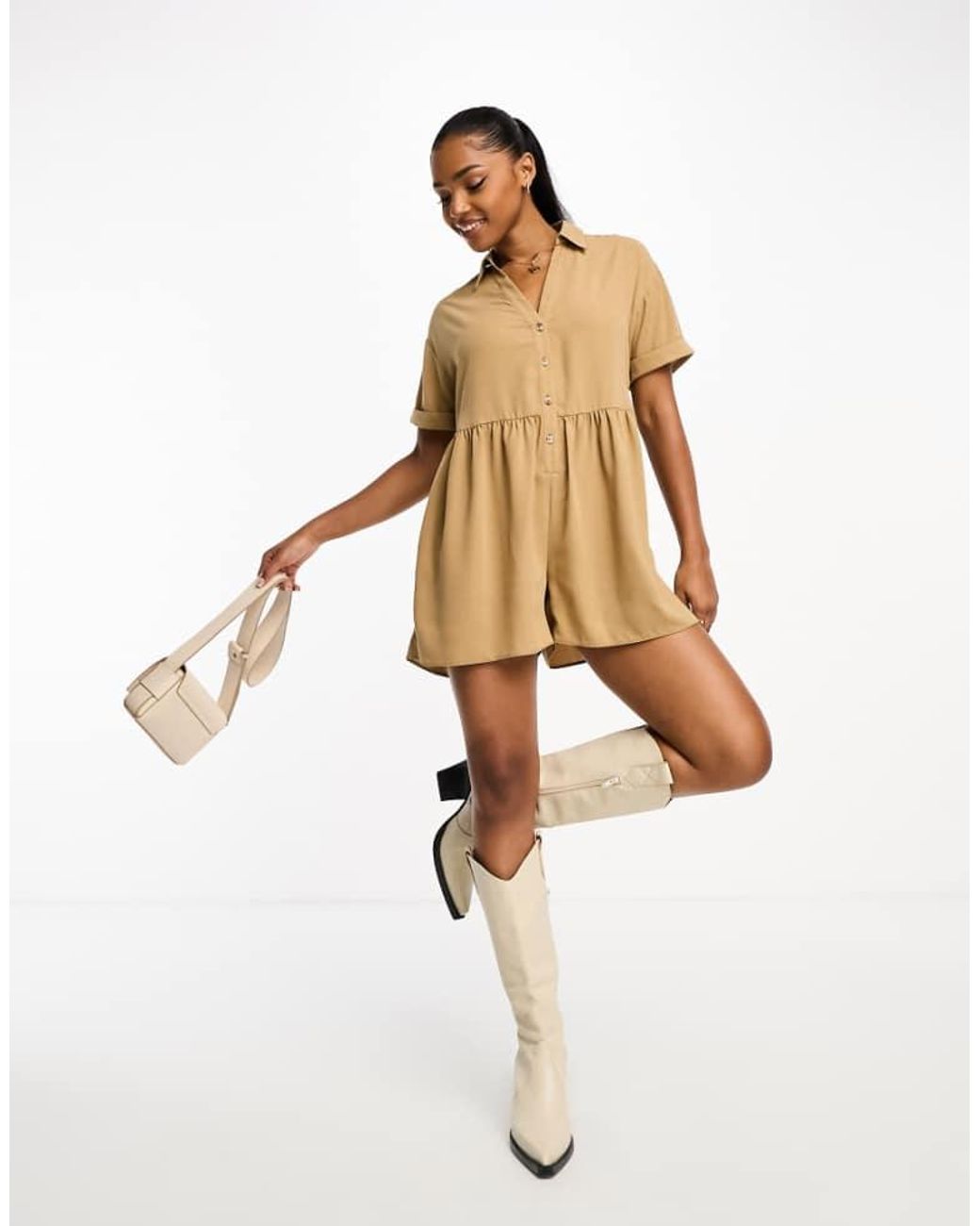 Miss Selfridge White Linen Look Soft Shirt Playsuit