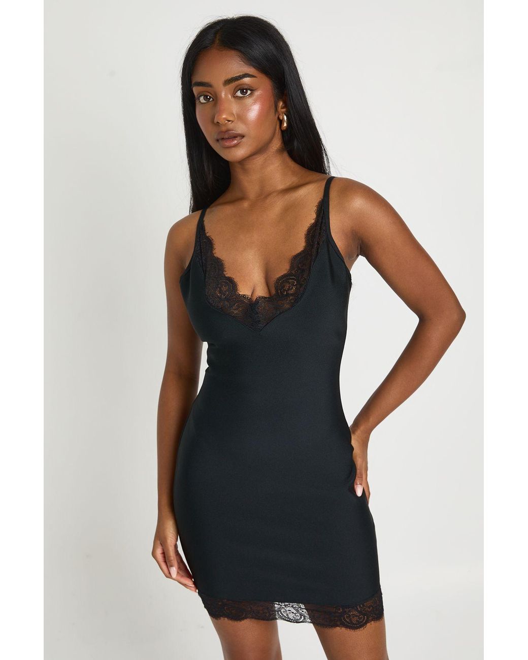 Boohoo Black Premium Bandage Lace Trim Mini Dress