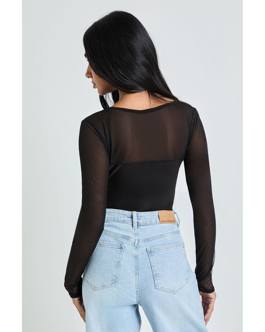 Boohoo Black Mesh Panel Front Long Sleeve Bodysuit