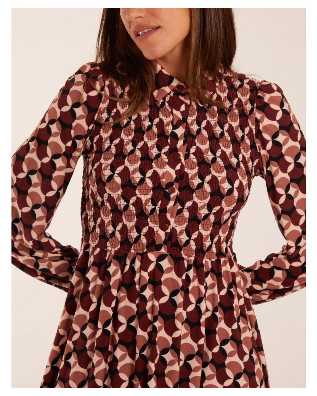 Blue Vanilla Geometric Print Shirred Bust Long Sleeve Shirt Dress