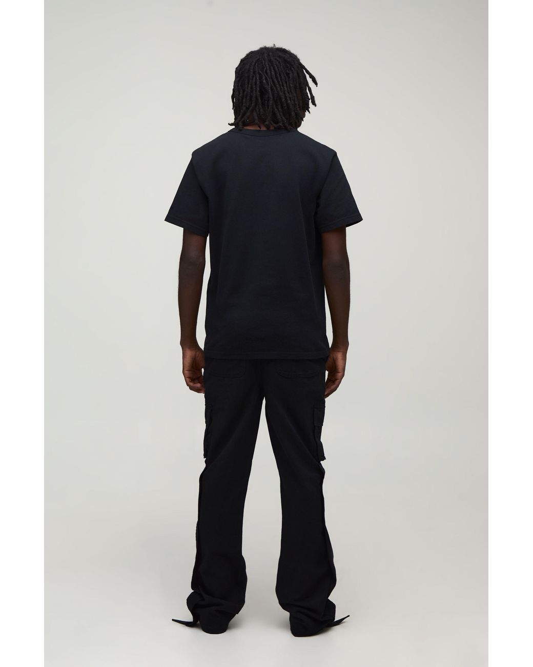 BoohooMAN Black Straight Leg Flare Popper Detail Twill Cargo Trouser for men