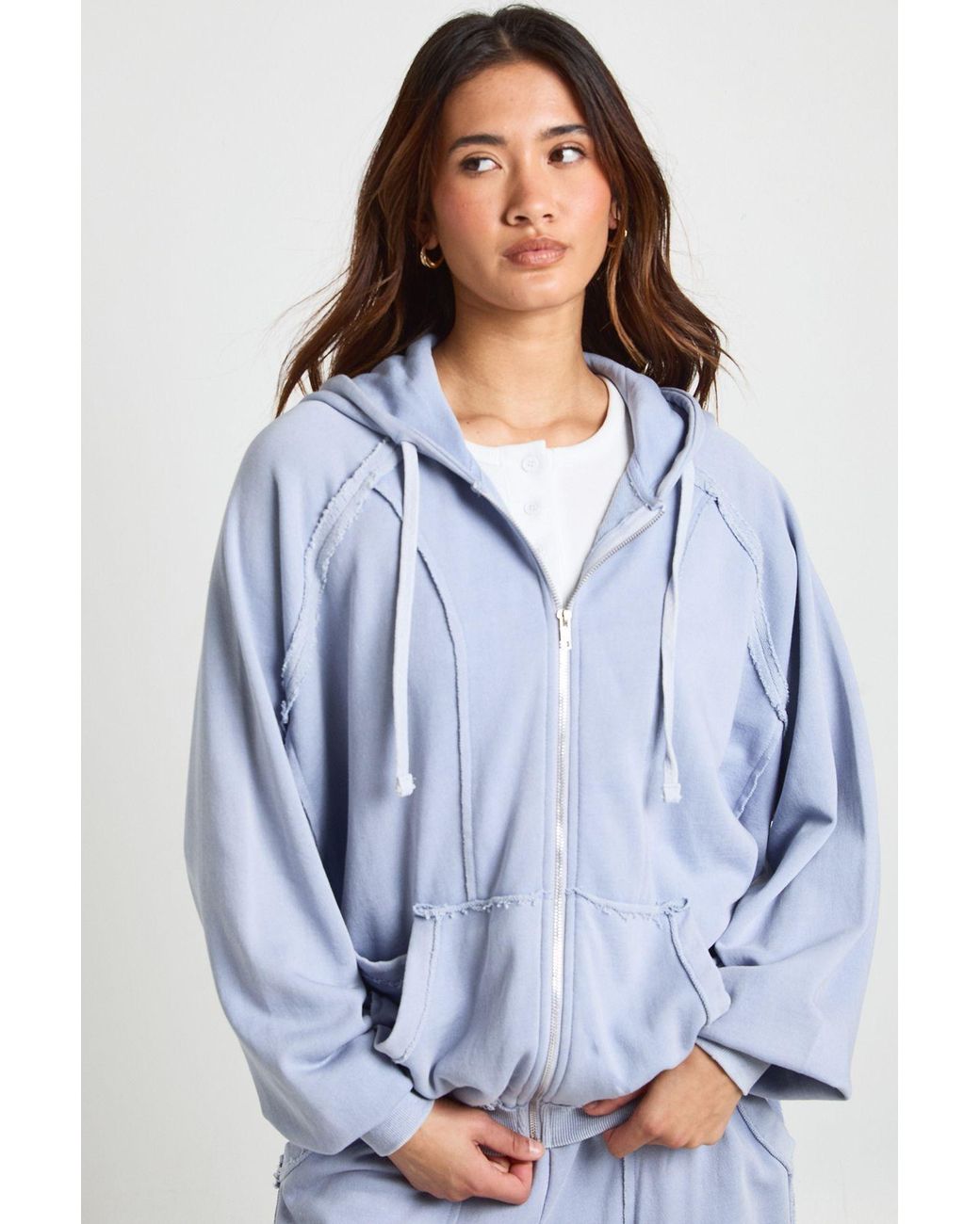 Boohoo Blue Washed Loopback Distressed Oversized Zip Through Hoodie