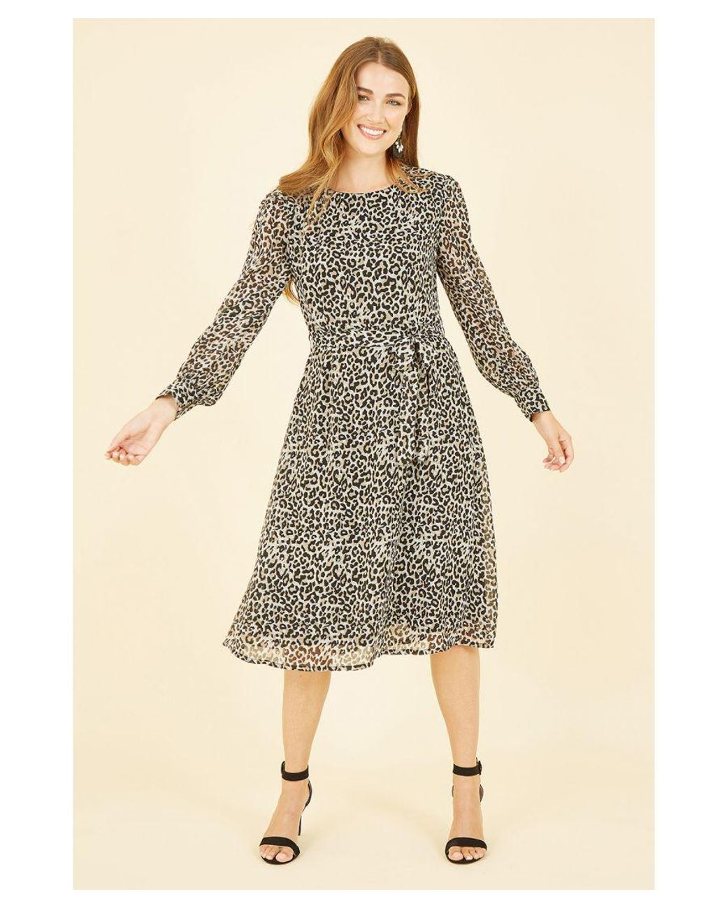 Yumi' Natural Leopard Long Sleeve Skater Dress