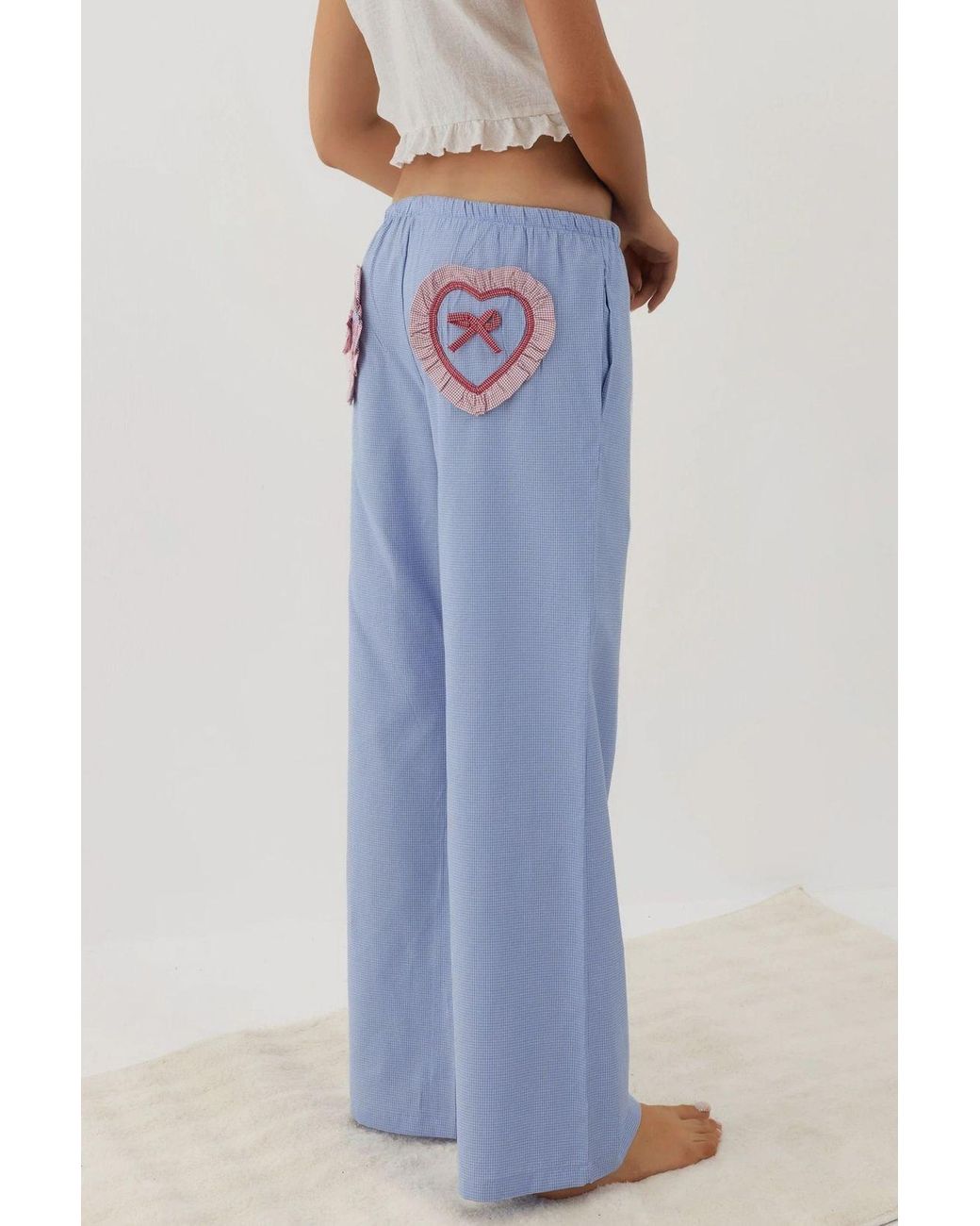 Hiccup Blue Heart Detail Wide Leg Plaid Lounge Bottoms