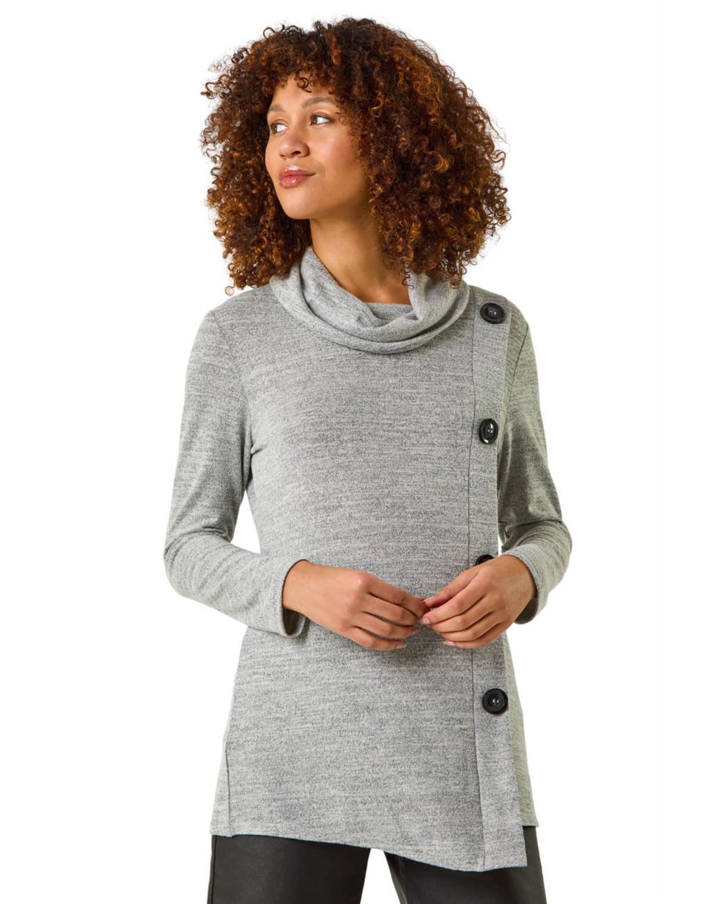 Roman Gray Cowl Neck Button Stretch Top