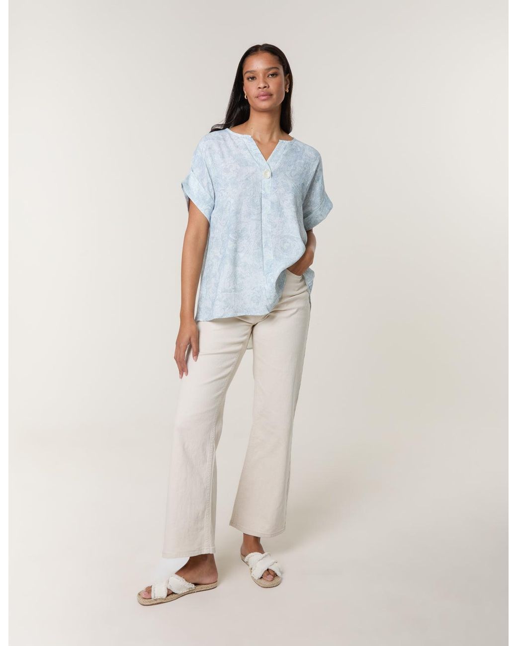 Blue Vanilla Blue Printed V Neck Button Top
