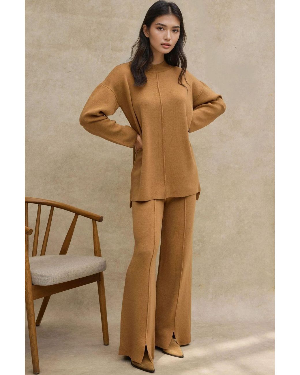 Hiccup Brown Long Sweater & High Waist Wide Leg Knit Co-Ord Set