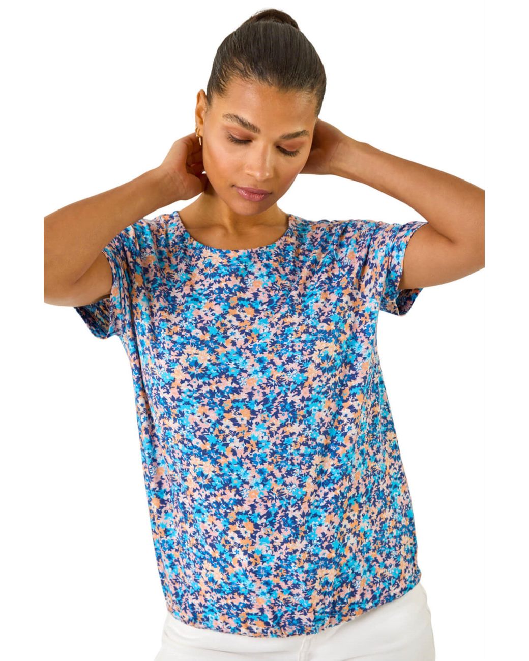 Roman Blue Floral Print Elasticated Hem Top