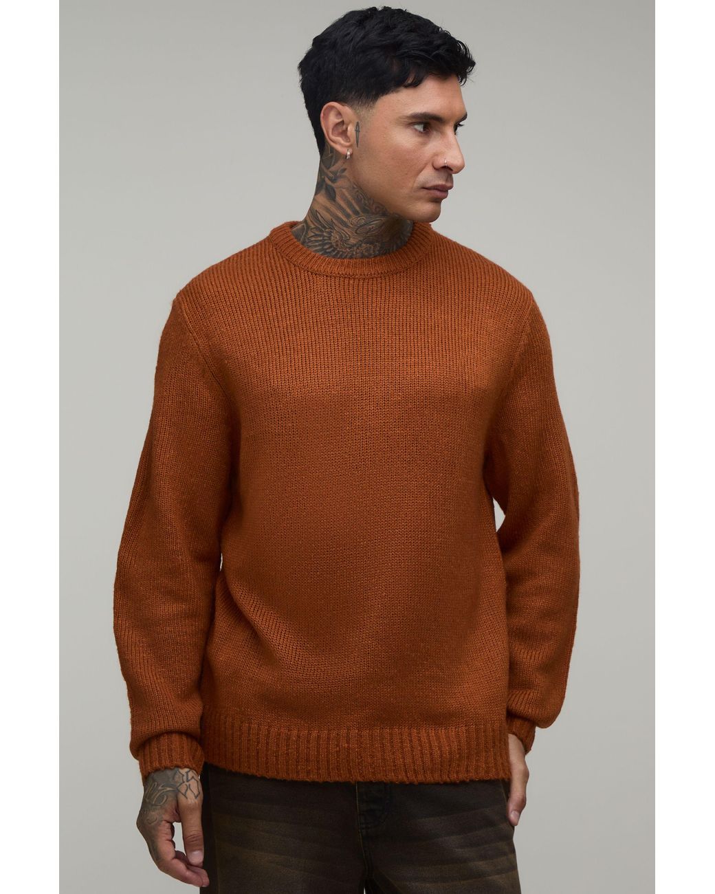 BoohooMAN Brown Tall Relaxed Fit Brushed Knitted Jumper for men