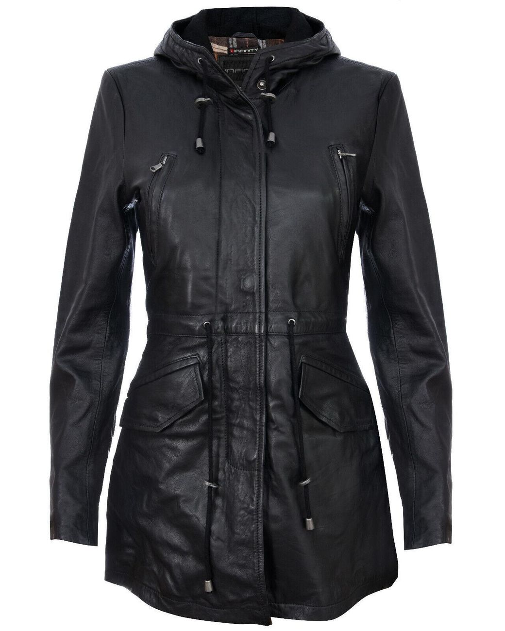 Infinity Leather Black Mid Length Hooded Parka Jacket-Oakengates