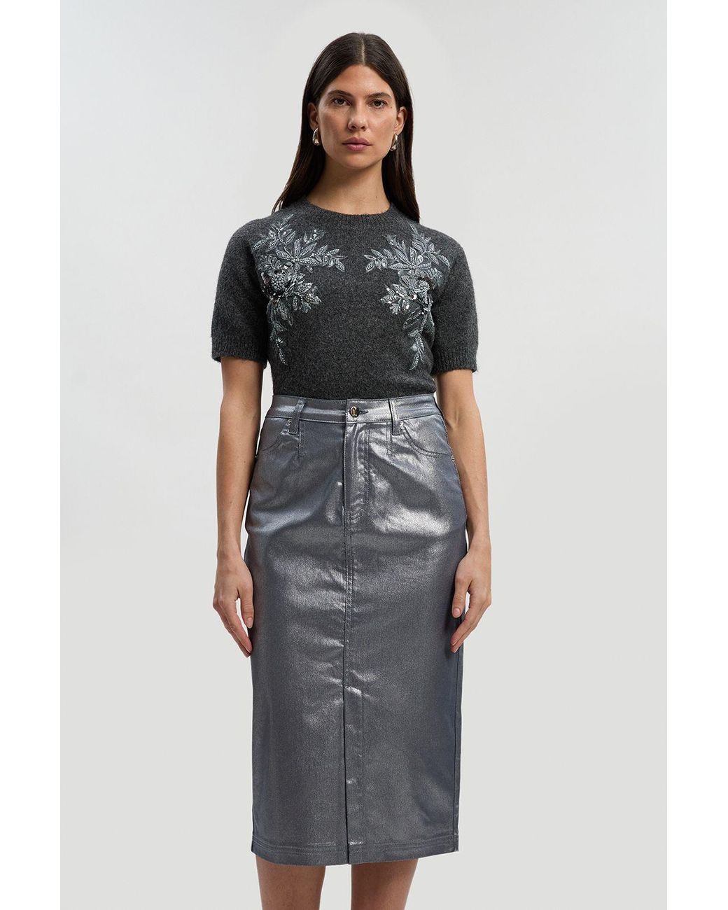 Karen Millen Metallic Coated Denim Pencil Midi Skirt