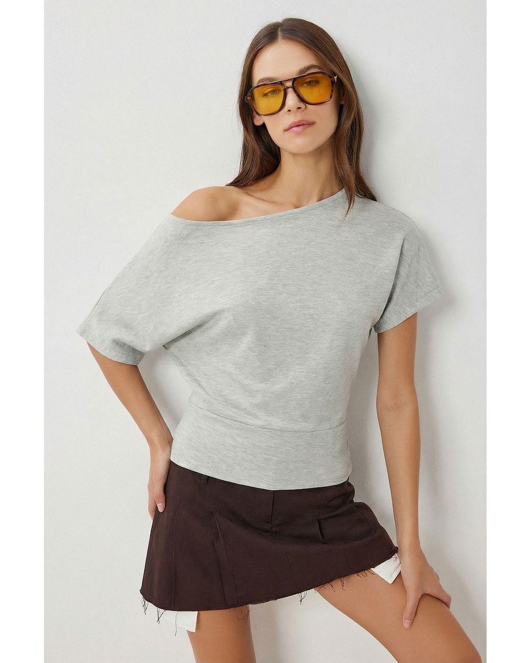 Happiness İstanbul Gray Off Shoulder Knitted Blouse