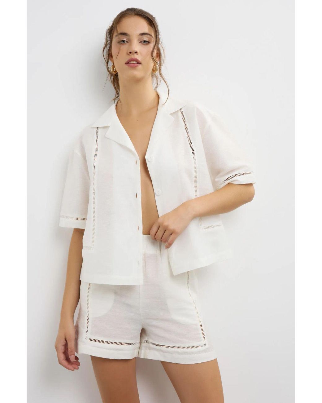 Hiccup White Linen Shorts With Cutout Detail