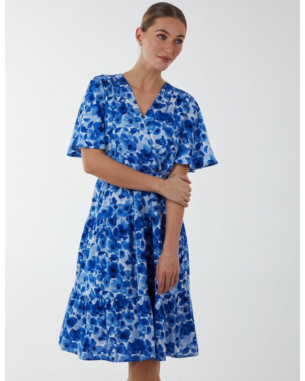 Blue Vanilla Blue Wrap Front Tier Hem Angel Sleeve Dress