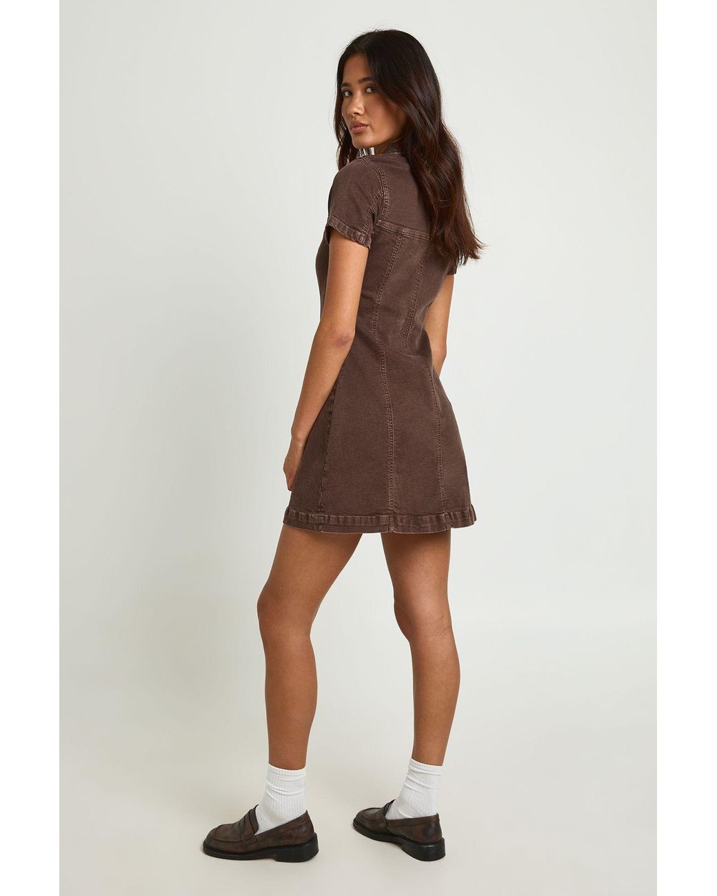 Boohoo Brown Short Sleeve Zip Front Denim Dress