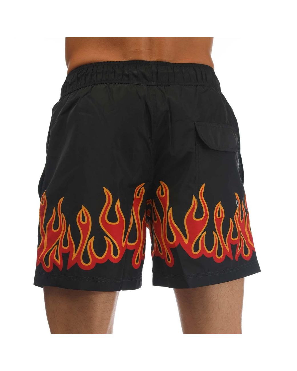 Palm Angels Black Burning Flames Print Swim Shorts for men