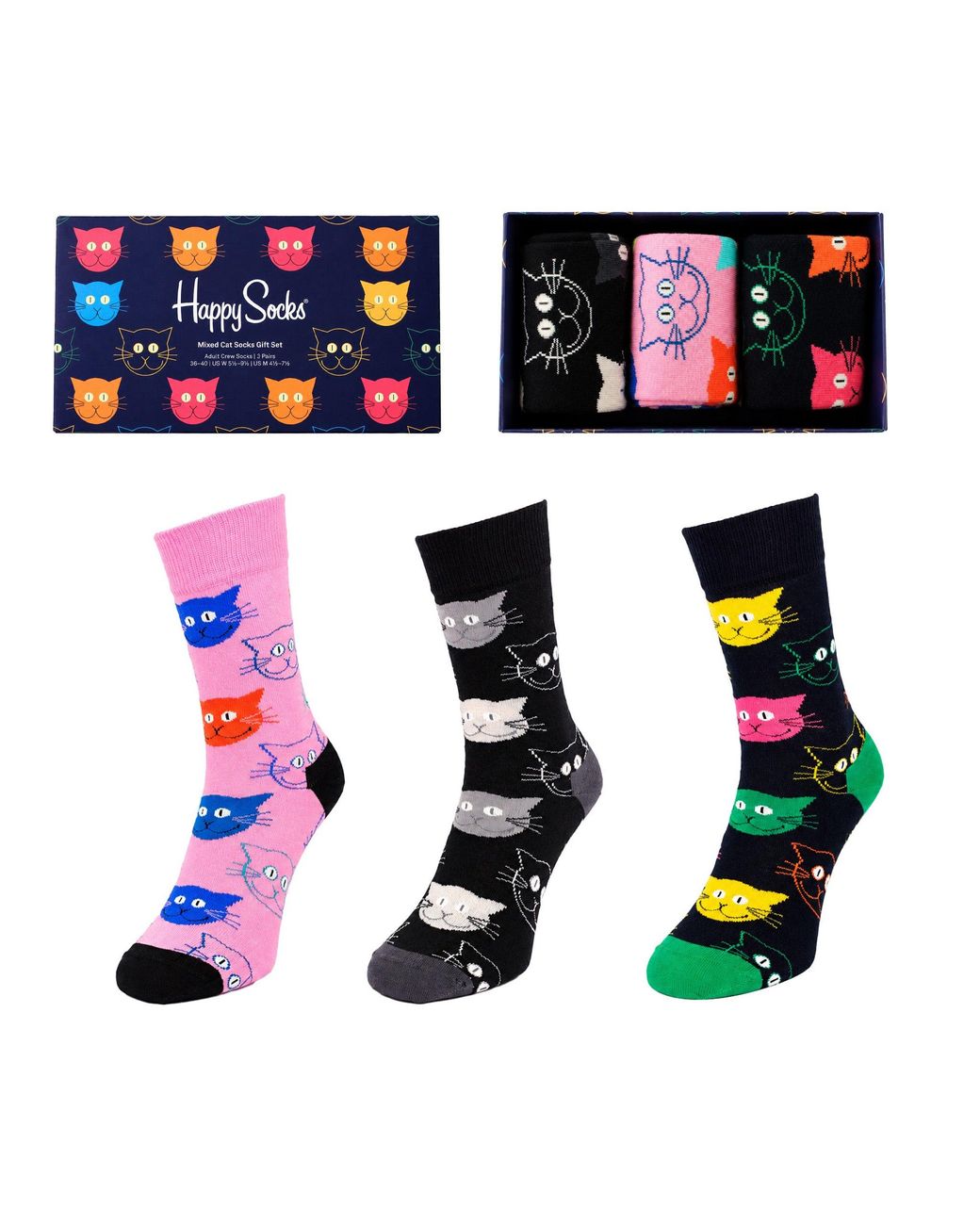 Happy Socks Blue 3-Pack Mixed Cat Cotton for men