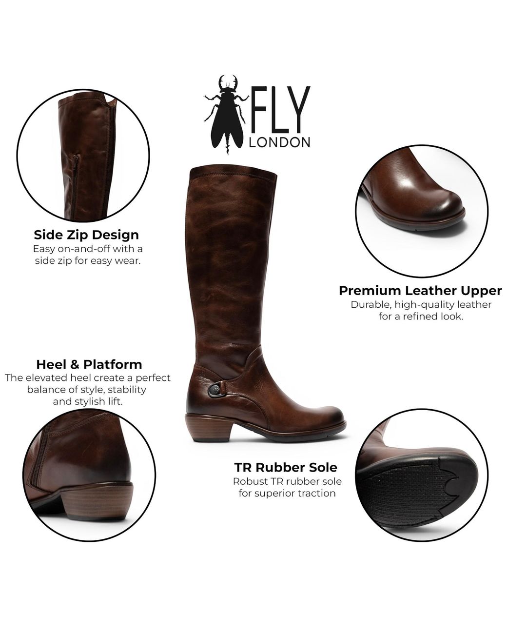 Fly London Brown Leather High Heeled Riding Long Boots