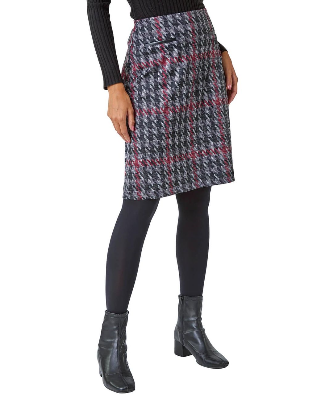 Roman Black Houndstooth Stretch Pencil Skirt