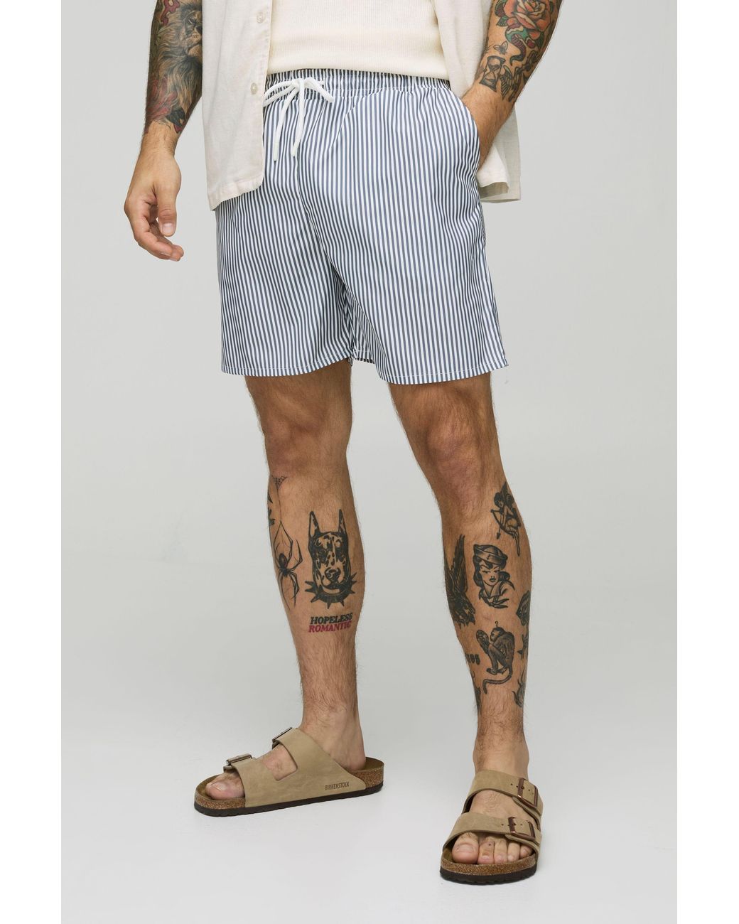 BoohooMAN Blue Small Stripe Print Mid Length Swim Trunks for men