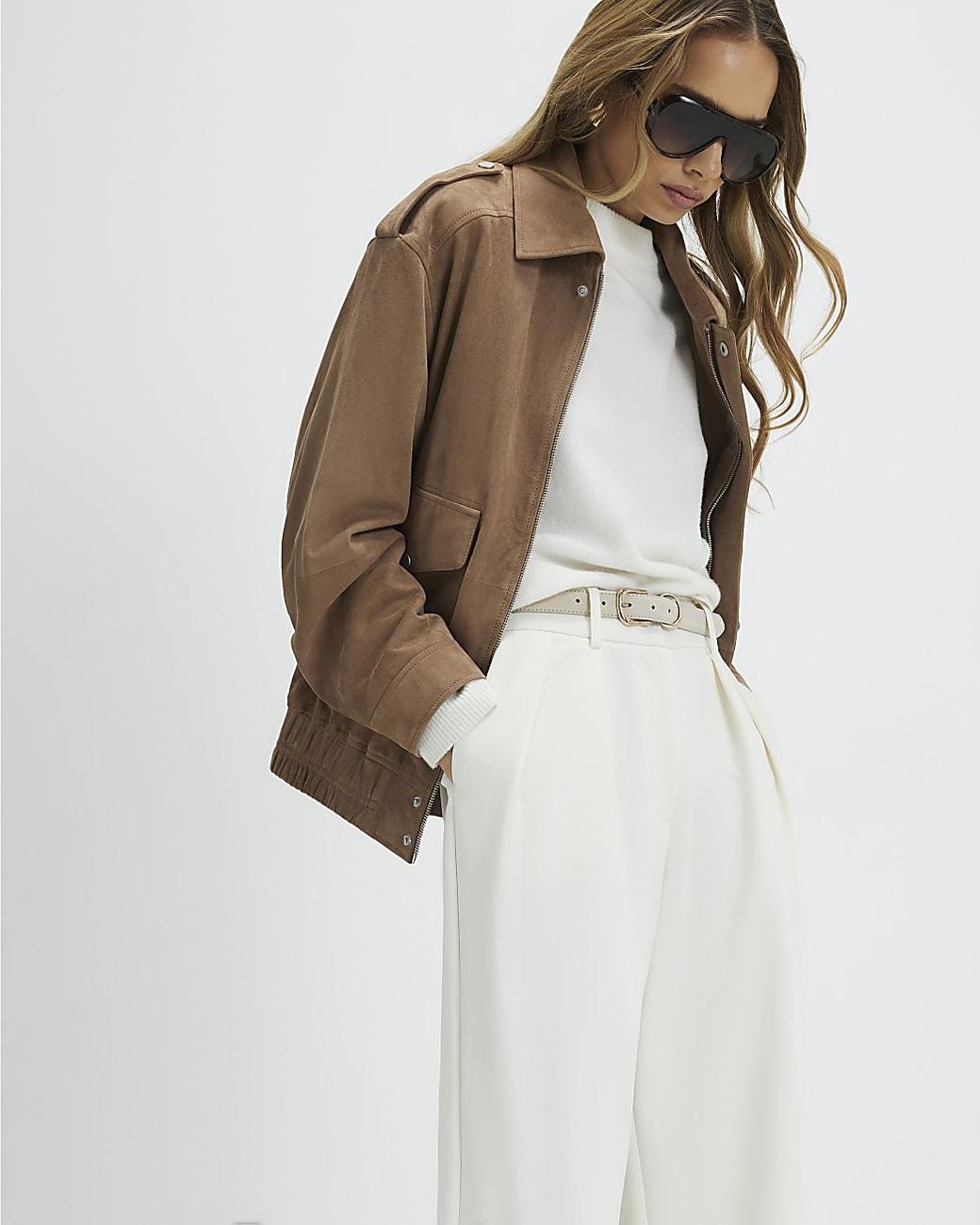 River Island White Wide Leg Trousers Belted