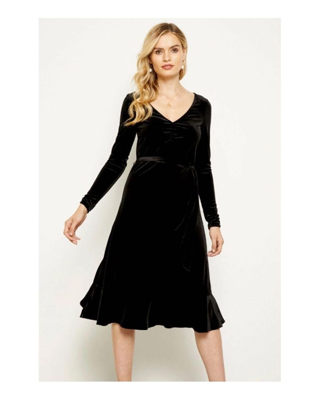 Sosandar Black Velvet Ruffle Hem V Neck Dress