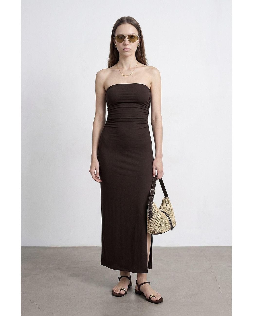 Dilvin White Strapless Bodycon Maxi Dress With Slit
