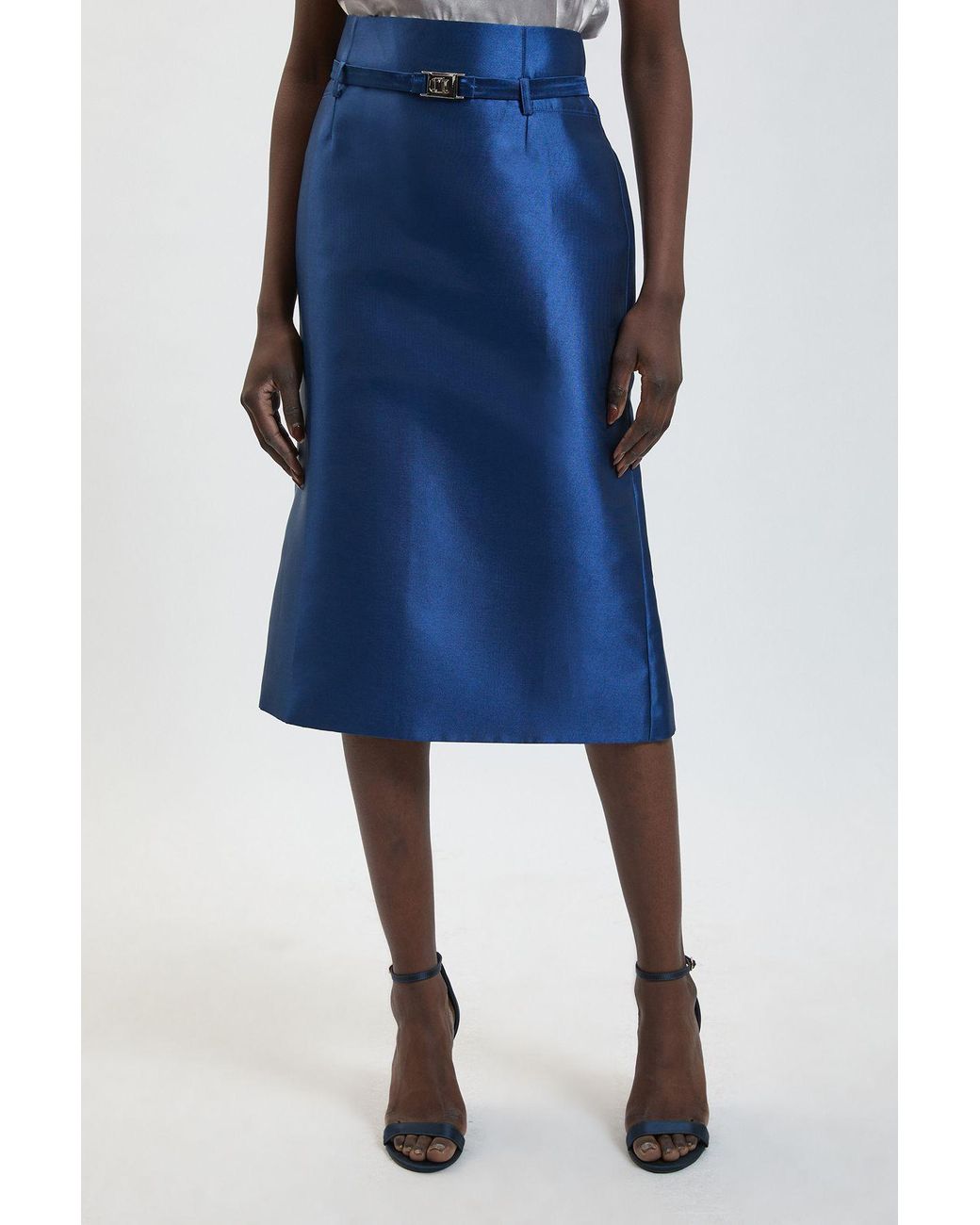 Karen Millen Blue Petite Forever Satin Twill Belted Tailored Midi Skirt