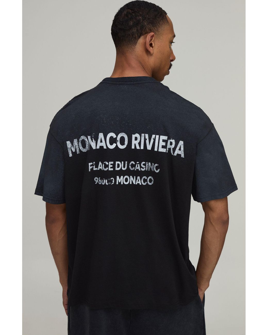 BoohooMAN Black Oversized Fit Monaco Riviera Spray Wash T-Shirt for men