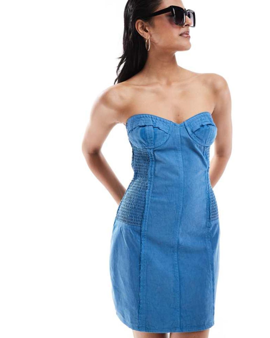 ASOS Blue Mini Twill Bandeau Dress With Contrast Stitch Detail
